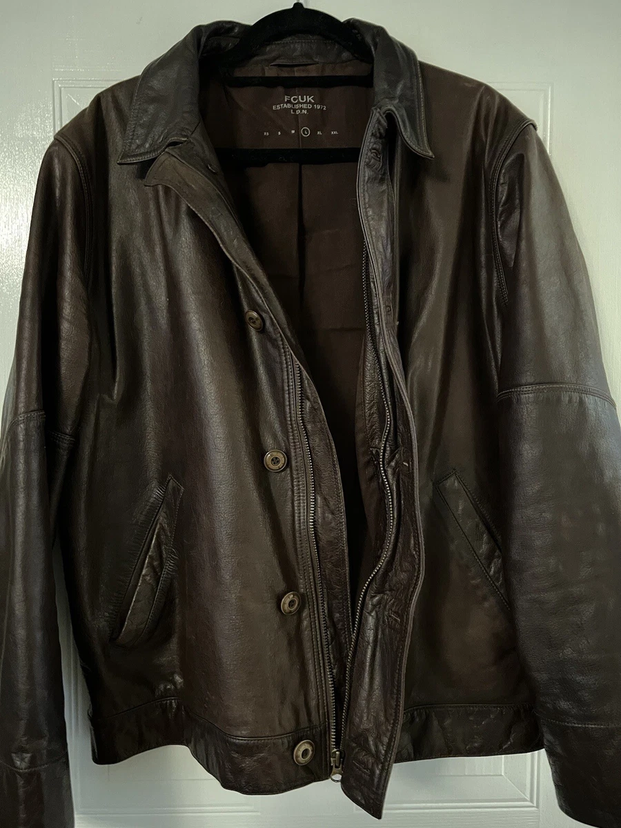 vintage fcuk brown leather jacket size large