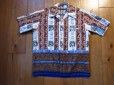 Vtg 1970s Barefoot in Paradise Aloha Hawaiian Shirt L Dagger Collar Block Print