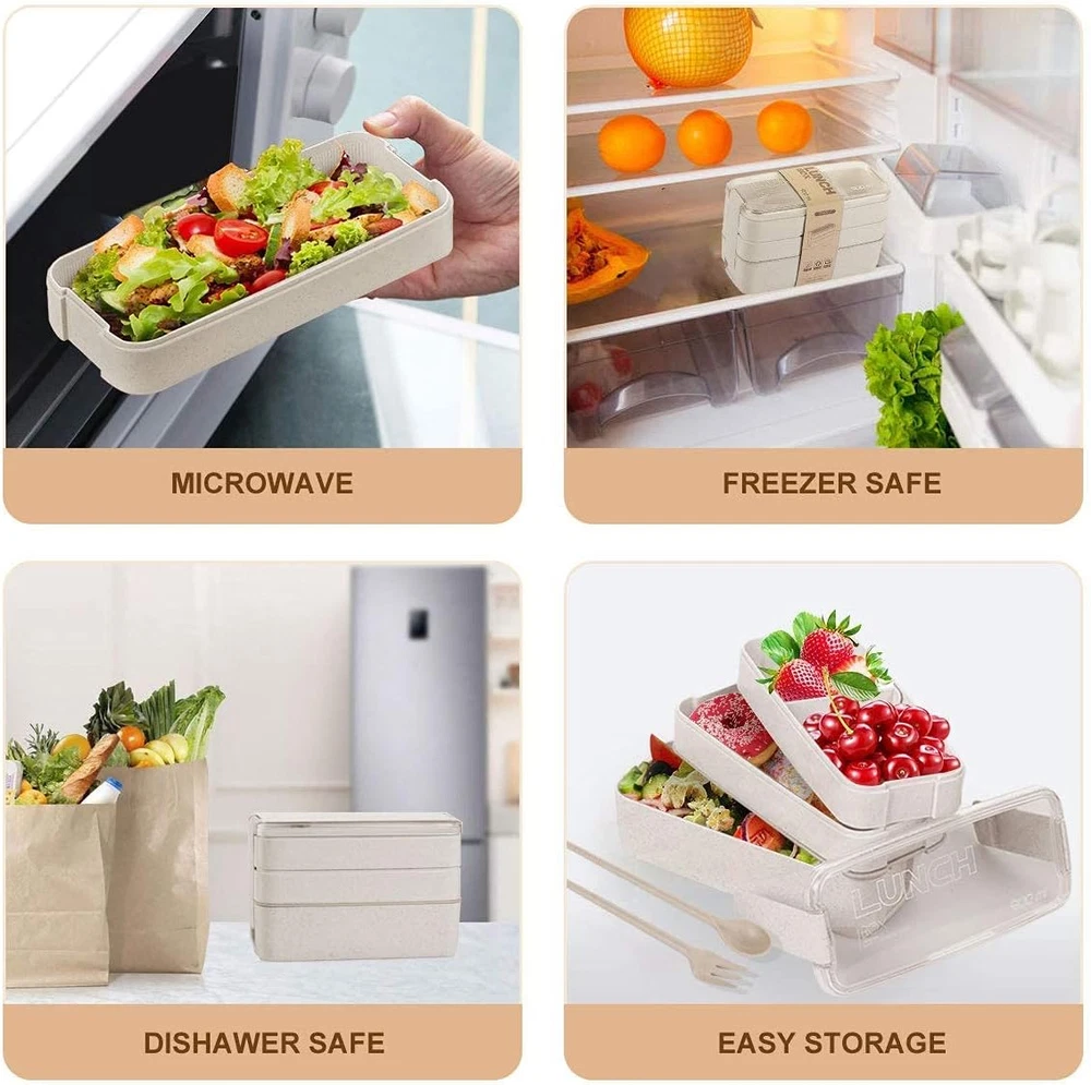 Bento Box for Adults, 3-In-1 Meal Prep Container, 900ML Japanese Lunch Box with