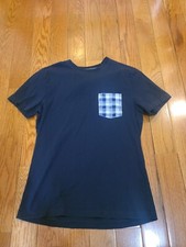 Original Penguin Men's T-Shirt Navy Blue Plaid Pocket Size M 100 Cotton Casual
