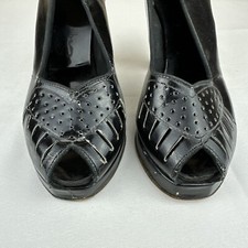 Vtg 1940s High Heel Shoes Peep Toe Platform Sling Back Heart Size 6 Black