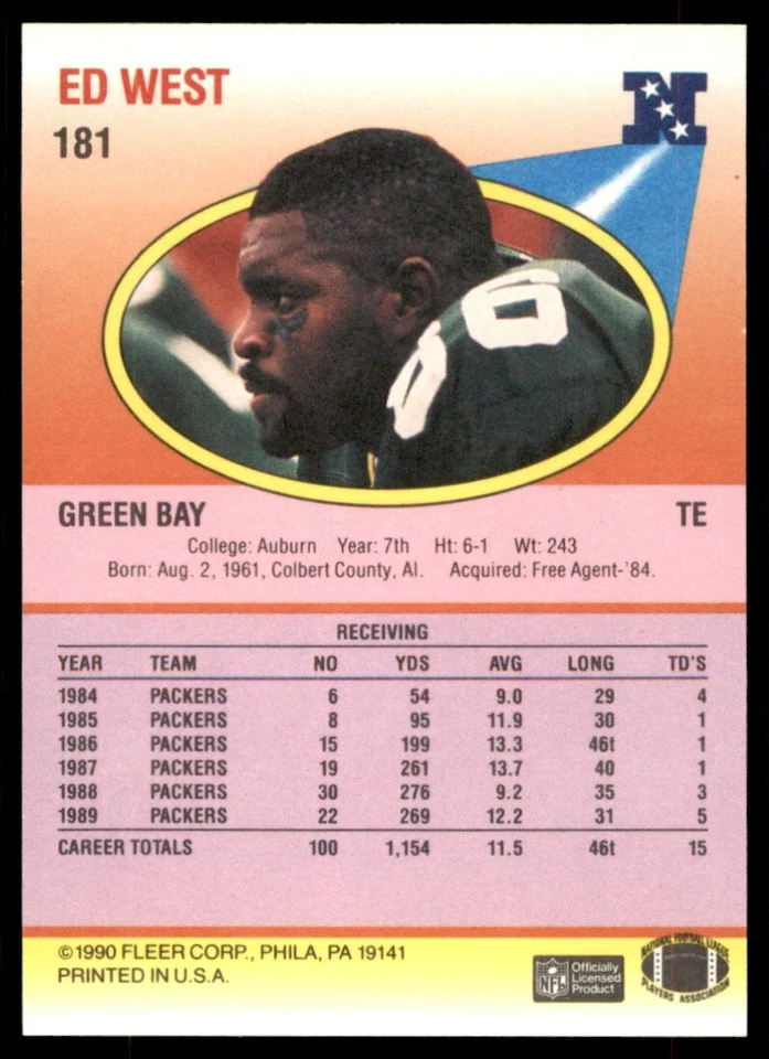 1990 Fleer Ed West RC Green Bay Packers #181 - Image 2 of 2