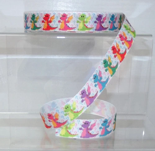 Dragon Cartoon Grosgrain Ribbon 22mm wide 1m, 2m 5m length White/Multicol