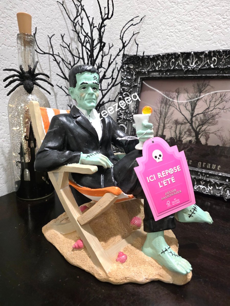 Halloween SUMMERWEEN Frankenstein Lounging on Beach Holding Drink
