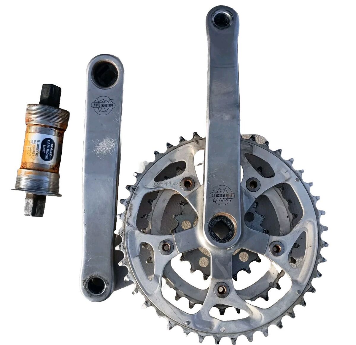 White Industries Silver Triple Crankset | 175 mm / Made in White Industries Silver Triple Crankset | 175 mm / Made in
