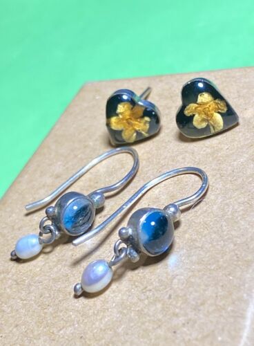 2pc 925 LOT Sterling Silver Blue Cat’s Eye & MEXICO Dried Flower 925 Earrings - Photo 1/2
