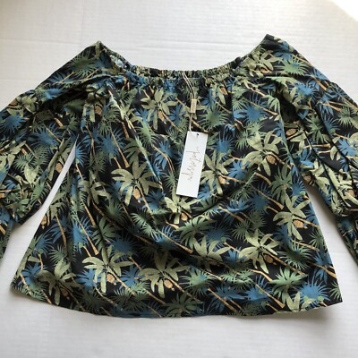 Petersyn Leaf Print Off the Shoulder Big Sleeve Blouse Sz L black green A353