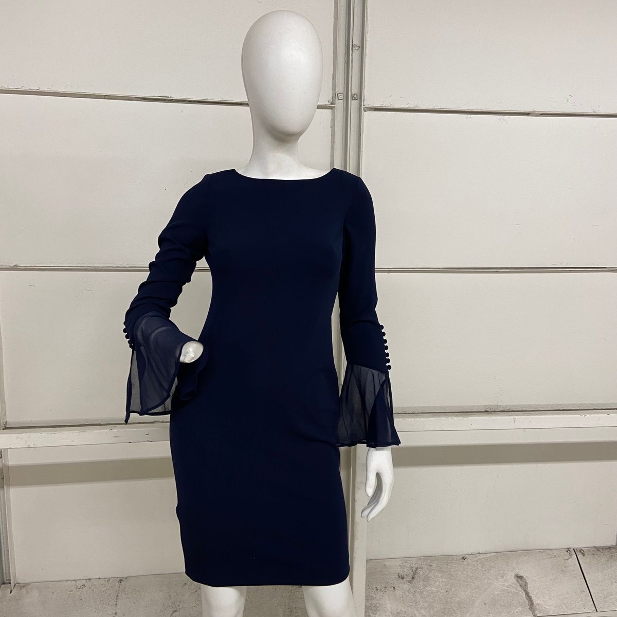 CALVIN KLEIN Solid Sheath with Chiffon Bell Sleeves Dress