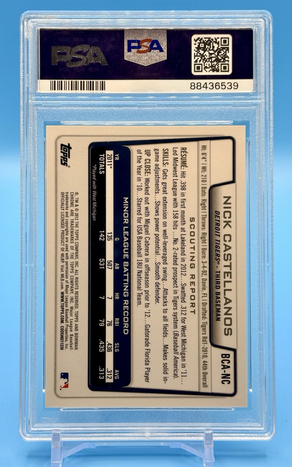 2012 Bowman Chrome Nick Castellanos Prospects Auto PSA 10 GEM MINT On Card view 2