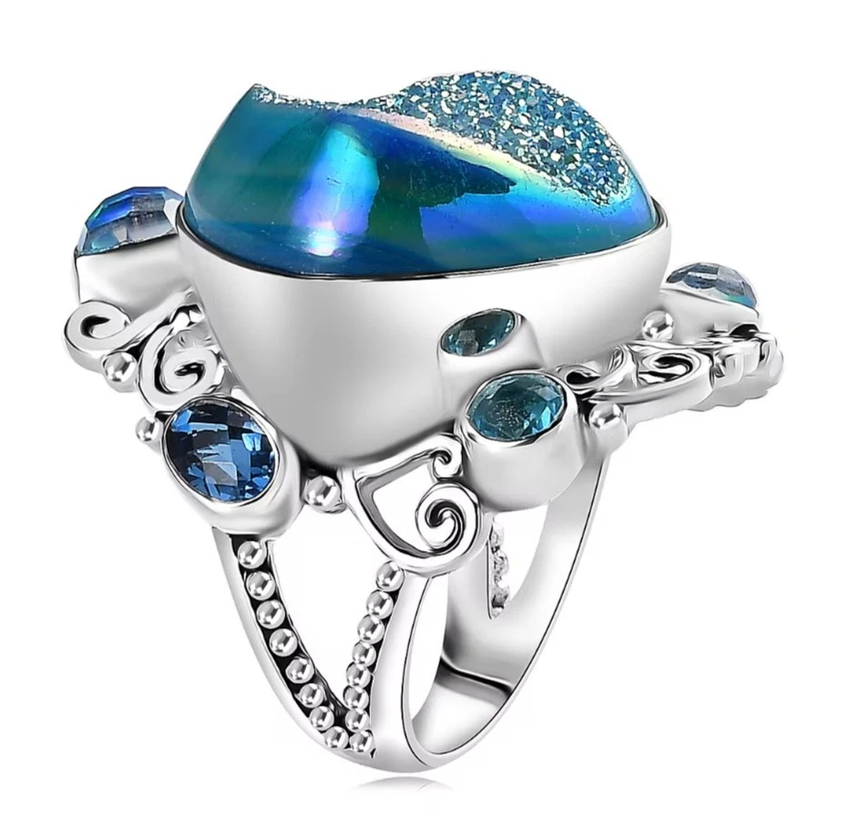 Anillo Sajen Golden Dream Paraiba Ventana Drusy Cuarzo y Multi Piedras Preciosas Talla 6 Plata Foto 4 de 4