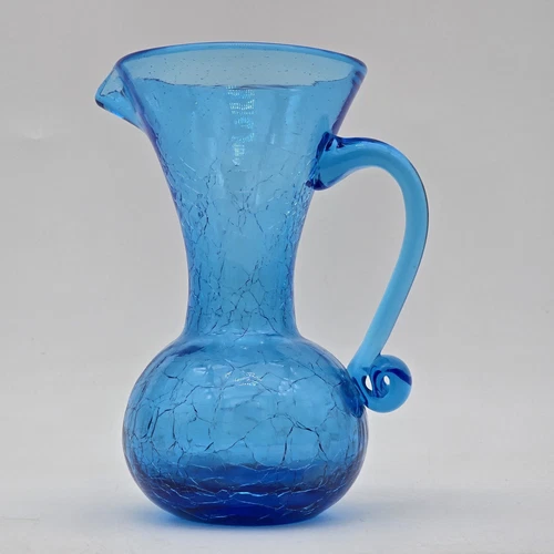 Vintage Blenko Blue Crackle Small Glass Milk Cream Pitcher Hand Blown