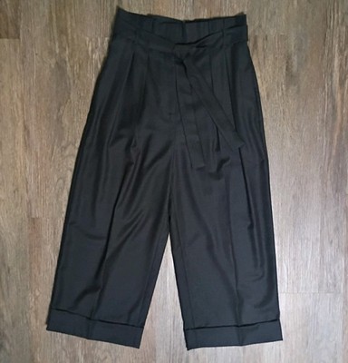Max Mara Wide Leg Gray Pleated Cuff Coulotte Pants Belted Virgin Wool US Size 6