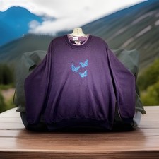 Vintage Women's Nature Sweatshirt Blue Butterflies Embellished Deep Purple XL