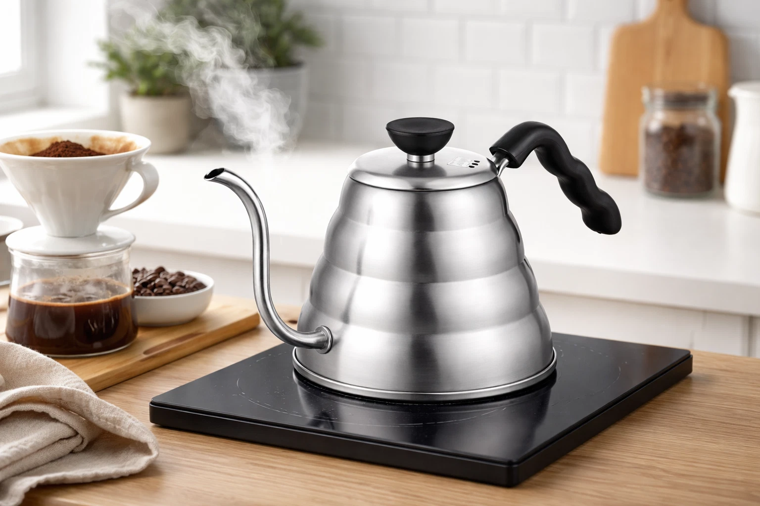 Drip Kettle Stovetop Gooseneck Coffee Kettle 1.2L, Stainless Steel, Silver