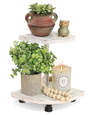 Decorative Wood Riser for Display, 2-Tier Farmhouse Corner Shelf for Kitchen ...
