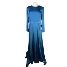 IEENA Mac Duggal Beaded Neckline Waist Long Sleeve Sapphire Blue Gown Size 12
