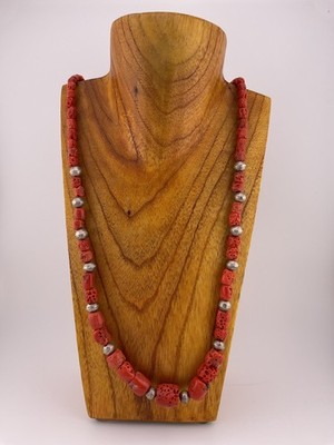 Native American Navajo Graduated Red Coral Silver Bead 32  Necklace 81.5g