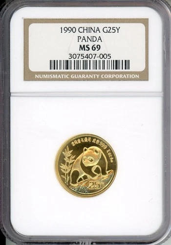 1990 SERIF 1 Large Date GOLD PANDA 1/4 Oz NGC MS69 25Yn MS-69 CHINA 25Y 25-YUAN