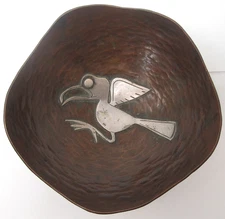 G Laffi Copper Bowl With Sterling Silver Bird Decoration Peru Handmade Art