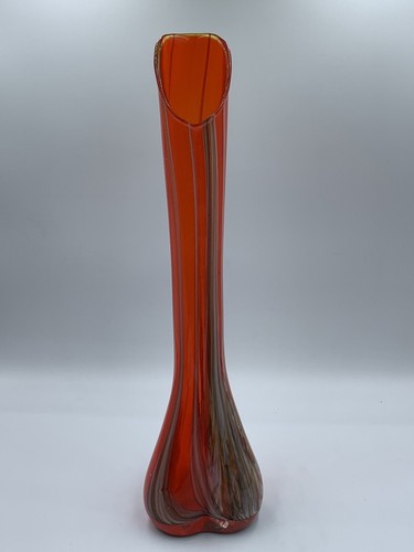Vtg Norcrest Japan Stretch Orange Red Streaks Art Glass 10” Vase Foil Sticker - Picture 1 of 6