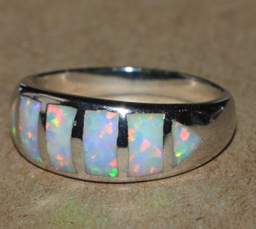 1 Intarsien Feueropal Ring Silber Platte Schmuck Freizeit Abend Hochzeit Verlobung - Bild 4 von 10