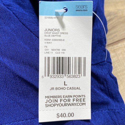 BONGO Girls Juniors Boho 3/4 Sleeve Drop Waist Dress Size Large Navy Blue - Picture 8 of 12