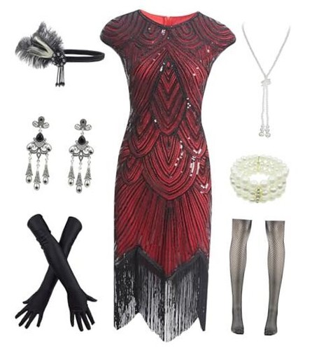 Womens Vintage Lace Fringed Gatsby 1920s Cocktail Dress XX-Large Black Red
