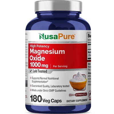 Magnesium Oxide 1,000mg Per Serving 180 Veggie Caps (Non-GMO & Vegan)