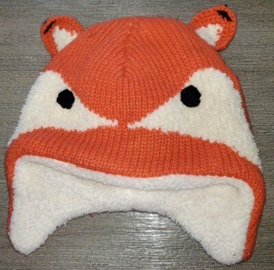 TODDLER BOYS orange cream KNIT HATS FLEECE LINED ears on top SO CUTE!