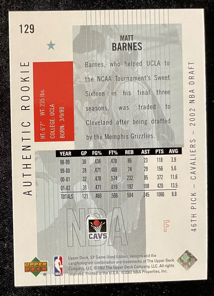 2002-03 SP Game Used Authentic Rookie #129 Matt Barnes ‘256/900’ - Image 2 of 2