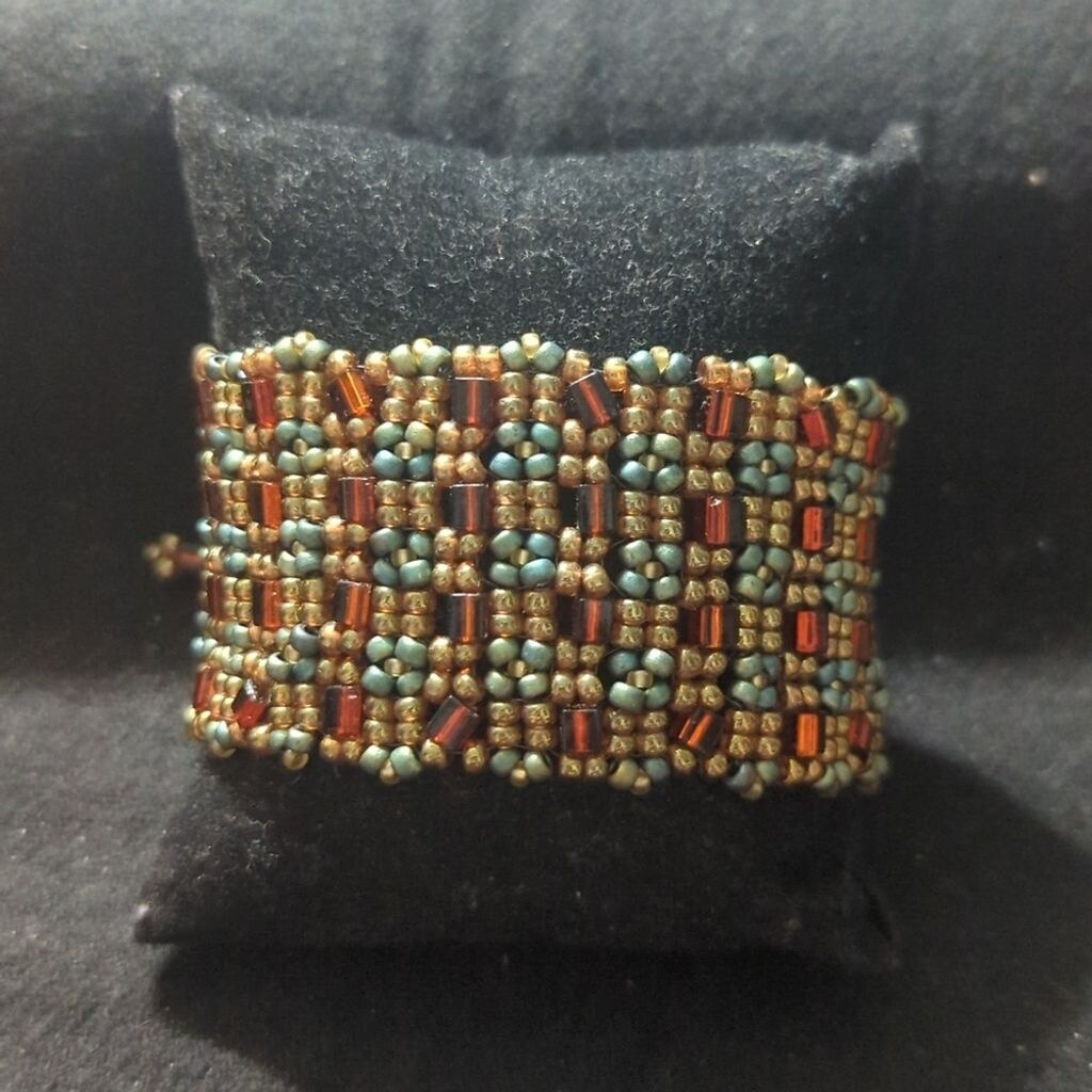 Green and Brown Beaded Geometric Statement Bracel… - image 9