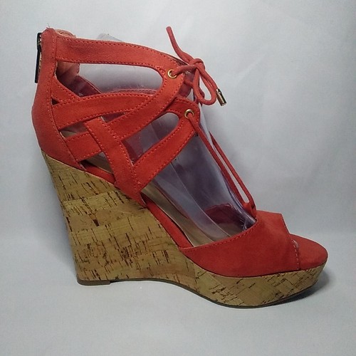 Guess Strappy Lace Up Wedge Suede Heels Orange Color Zipper Sz 7M - Picture 14 of 20