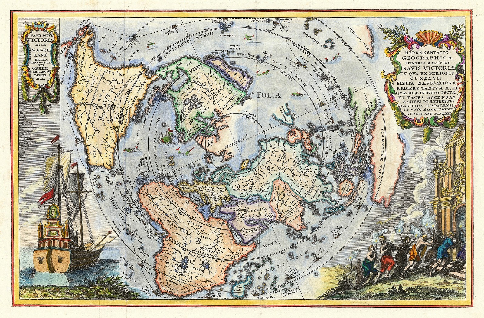 1702 World Map Magellans Circumnavigation 1522 - Cassinis Projection ...