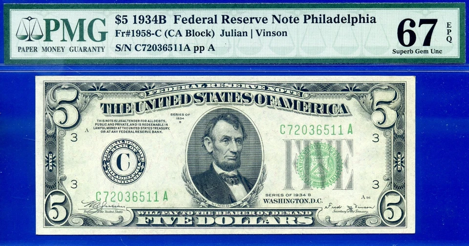 1934B $5 Federal Reserve Note PMG 67EPQ top pop finest Philadelphia Fr 1958-C - Image 2 of 3