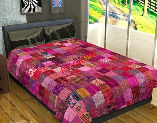 Vintage Patchwork Kantha Bedspread Indian Handmade Quilt Throw Silk & Blanket - Picture 37 of 64
