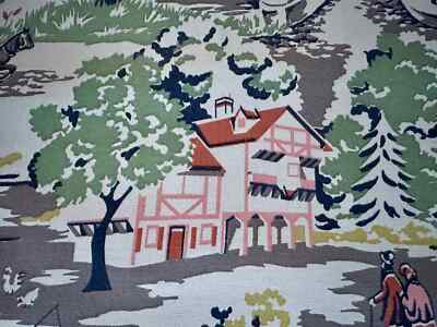 Tudor 40 s TOILE Old World  Mid Century Horse Buggy Barkcloth Era Vintage Fabric
