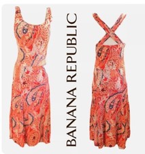 Banana Republic Womens Sleeveless Paisley Dress Size S P Orange Criss Cross Back