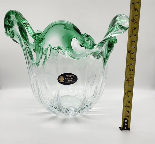 Murano Hand Blown Italian Clear and Green Vase/Bowl 8 1/2 Inches - Picture 6 of 11