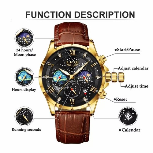 Luxus Quarz Herrenuhr Leder Mondphase Datum Wasserdicht Leuchtend Armbanduhr - Picture 7 of 16