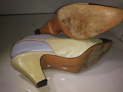 Salvatore Ferragamo Beige Leather Black Cap toe Pumps Ankle Strap Womens Sz 7 AA - Picture 6 of 9