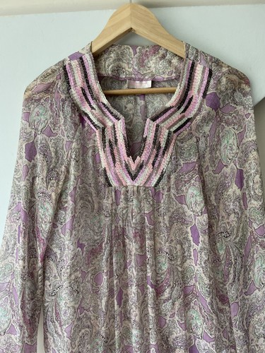 Gharani Strok Purple Sheer Long Sleeve Blouse Sequin Front Detail V Neck UK 14 - Picture 4 of 8