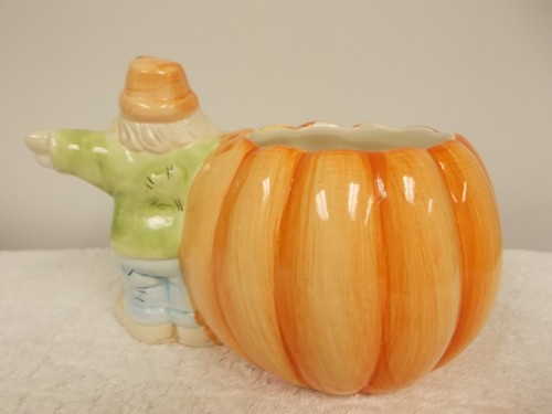Scarecrow & Jack O Lantern Halloween Ceramic Planter Dish Bowl Candle Holder - Picture 2 of 5