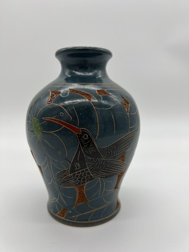 Etched Birds and Flowers Pottery Vase Handmade Signed Cecilia