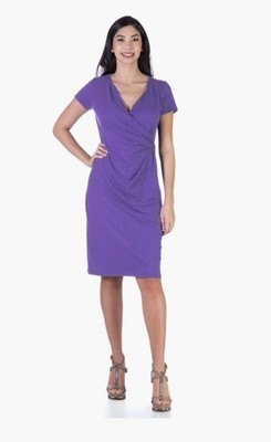 24seven Comfort Apparel Petite Short Sleeve Faux Wrap Dress Women's PS Lilac