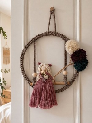 Boho Macrame Wall Decor with Handmade Doll Rustic Home Hanging Fiber Art Accent