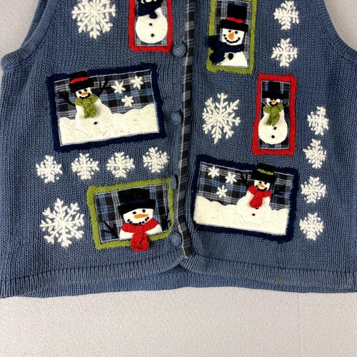 Vintage Belle Pointe Snowman Embroidered Vest Womens Medium Blue Knit Christmas - Picture 3 of 17