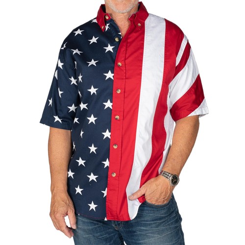 Men's Half Stars Half Stripes American Flag Patriotic Button Down Shirt