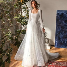 Boho Wedding Dresses Long Sleeve Square Neck A-line Bride Dress Vestido De Novia