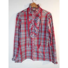 Laura Mae Vintage Retro 80's Plaid Western Prairie Blouse Size S Plaid Ruffle 