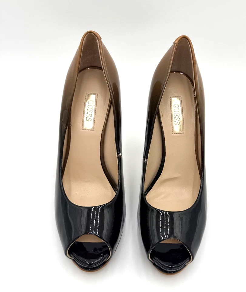 GUESS Black & Nude Patent Leather Peep Toe Platform Heels – Size 6M – Pre-Owned - Image 3 of 4